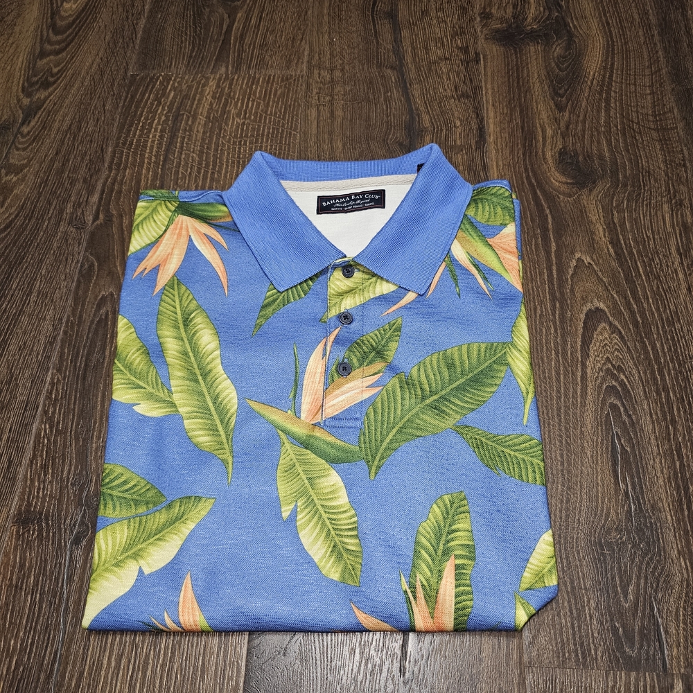 Bahama Bay Club Men's Blue Floral Hawaiian Short Sleeve Polo Shirt Size XL